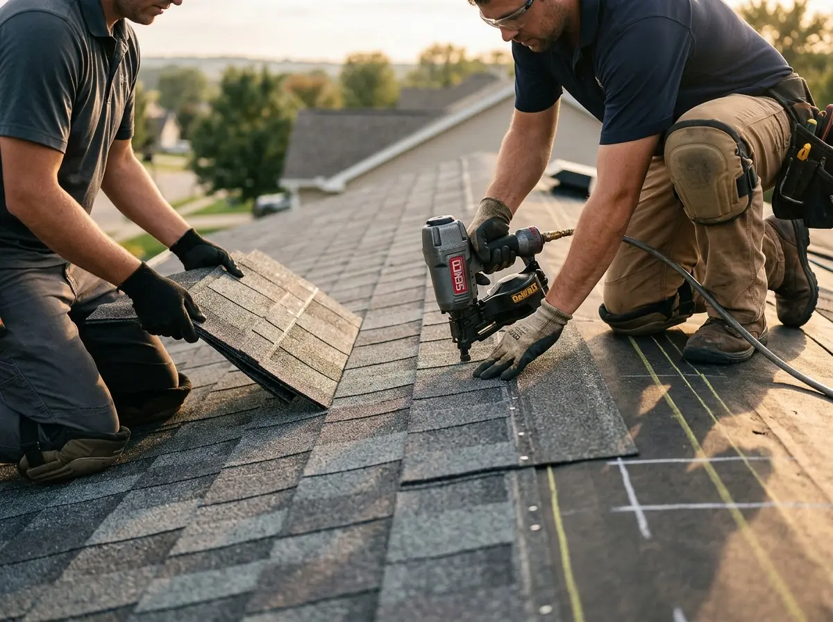 Professional roofer working on a residential roof in Brecknock